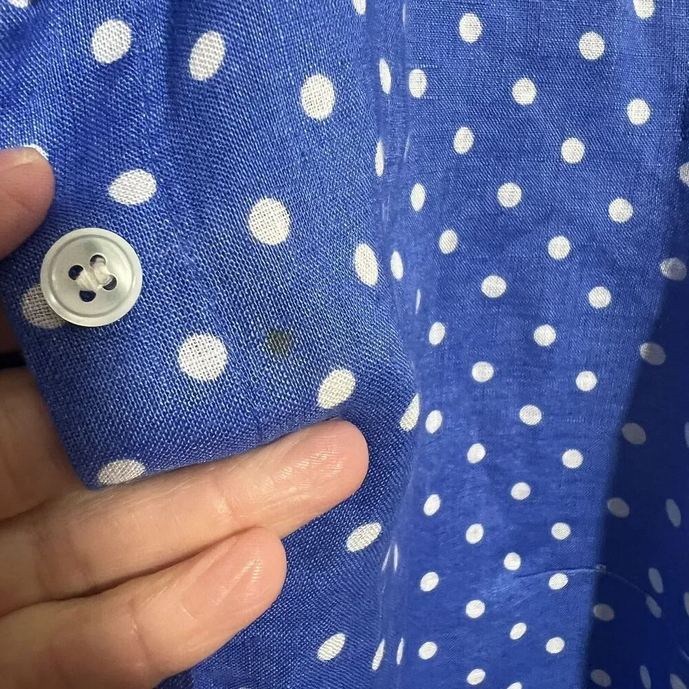 JCrew Womens Polka Dot Linen Top Slim Perfect Button Down Shirt Blue Sz 0